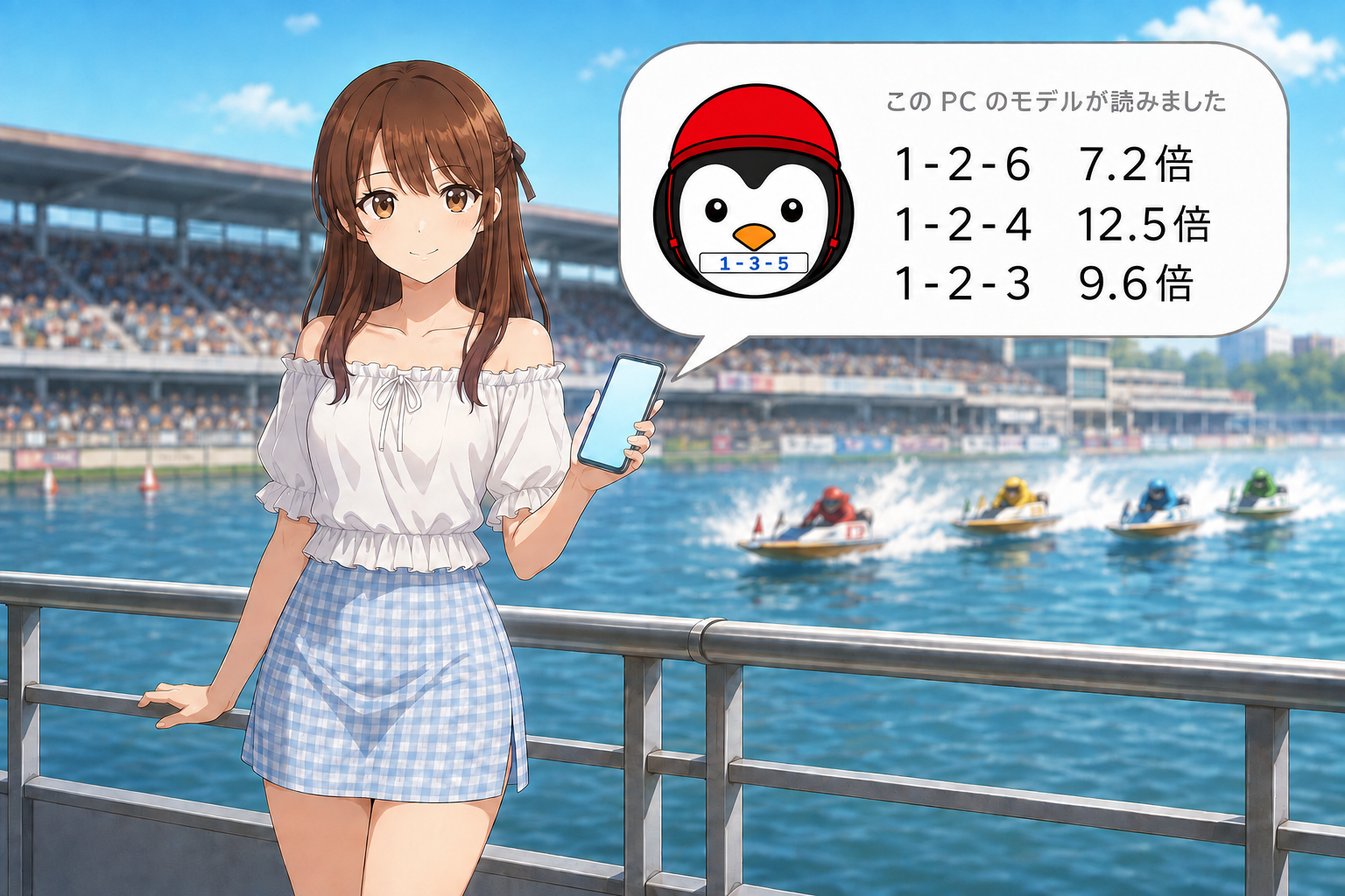 夏の私服の女の子が、昼のボートレース場の観覧デッキでスマートフォンを片手に持っている。スマートフォンから伸びた吹き出しの中に、赤いヘルメットをかぶった Navispex のペンギンと、1-2-6 7.2倍・1-2-4 12.5倍・1-2-3 9.6倍 という買い目が並んでいる